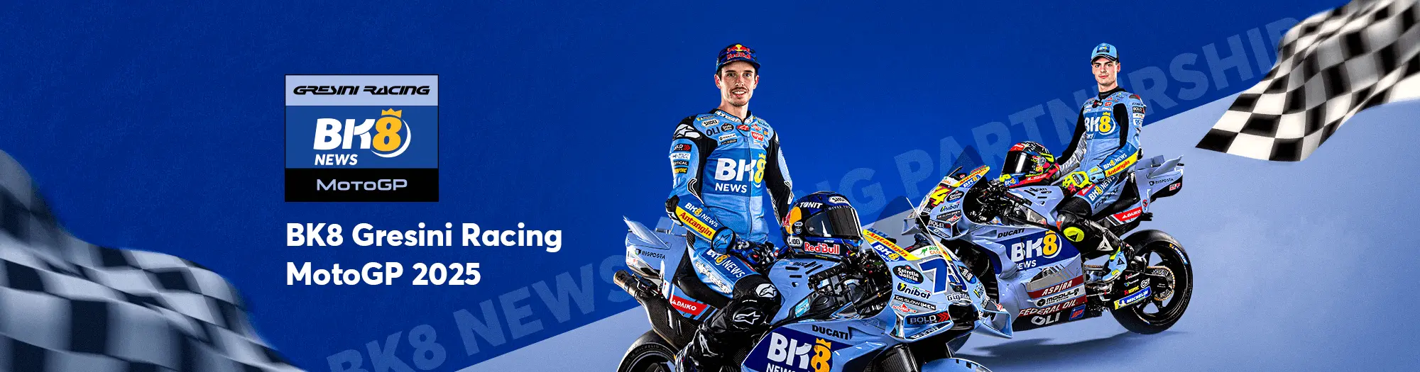 BK8 and Gresini Racing MotoGP partnership announcement showing team bikes with BK8 branding for 2025 season