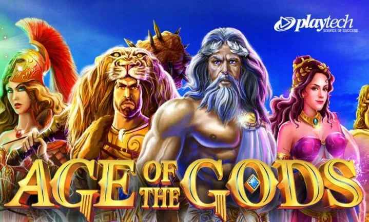 Age of the Gods slot showing Zeus, Athena, Poseidon and other Greek gods with Mount Olympus background and 4 progressive jackpot meters